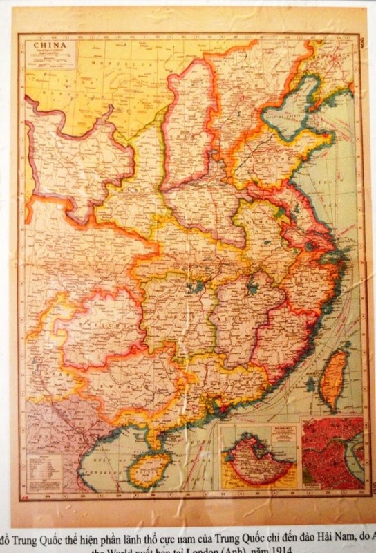 Bản đồ Trung Quốc thể hiện phần lãnh thổ cực nam Trung Quốc chỉ đến đảo Hải Nam, do Atlas of the World xuất bản tại London (Anh) năm 1914. Ảnh: VGP/Thế Phong